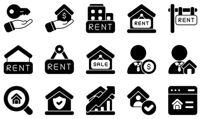 Set of Vector Icons Related to Rental Property. Contains such Icons as Owner, Real Estate, Rent, Sale, Sales Agent, Search and more.