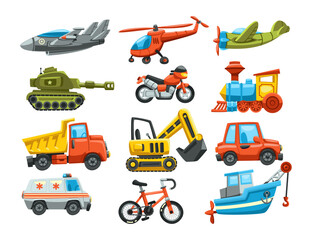 Different transport toys for kids flat vector illustrations set. Toy cars, helicopter, train, ship, motorcycle, plane for children on white background. Childhood, entertainment, transport concept