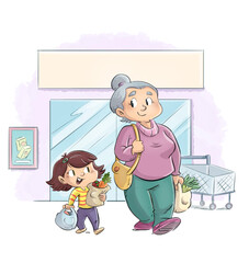 Illustration of a little girl accompanying her grandmother to buy - 521005379