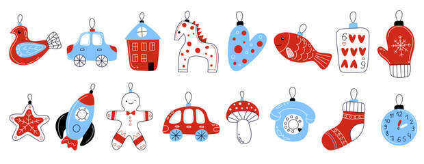 Christmas tree toys. Funny xmas decorations, holiday elements, winter house, cute animals, mitt and horse, festive patterned baubles, hand drawn elements, swanky vector doodle isolated set