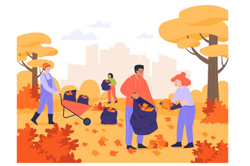 Happy people gathering fallen leaves in city park together. Cartoon volunteers cleaning garden or park flat vector illustration. Volunteering, gardening, autumn concept for banner or landing web page