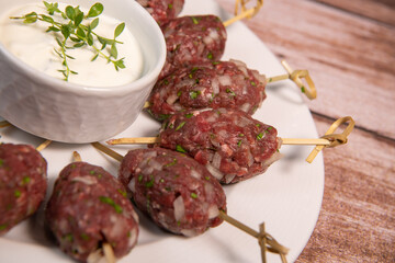 Traditional homemade kefta or kebab of meat. Halal concept. Arabic and Liban food. High quality photo