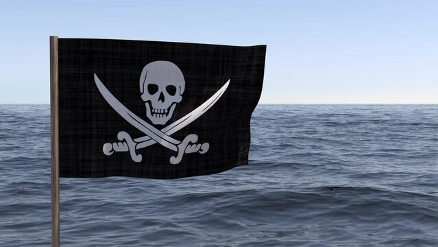 Animated pirate flag with skull and crossbones rippling in the wind at sea