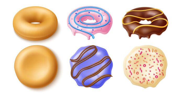 Donuts constructor. Realistic sweet buns and different glazes and toppings, top and side view, mixed flavors cakes kit, chocolate and vanilla lavender, sweet desserts, utter vector 3d set