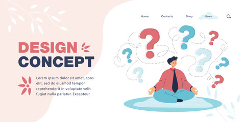 Office worker sitting in lotus position and question marks. Man in suit meditating with closed eyes flat vector illustration. Meditation, solution concept for banner, website design or landing page