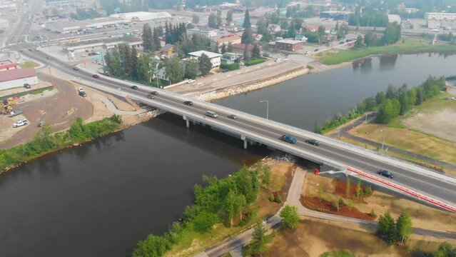 4K Drone Video of the Old Steese Highway Bridge over the Chena River in Downtown Fairbanks, Alaska during Summer Day