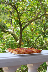 Puff pastry empanada on a terrace with a lemon tree in the background