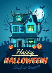 Horror halloween house. Gothic abandoned home, ghostly haunted mansion, party invitation and greeting, trick or treating pumpkins, card or poster, tidy vector cartoon flat concept