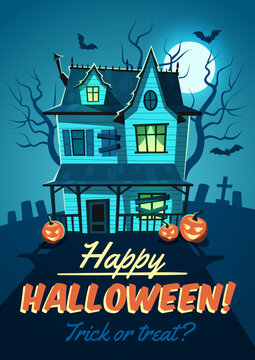 Horror Halloween House. Gothic Abandoned Home, Ghostly Haunted Mansion, Party Invitation And Greeting, Trick Or Treating Pumpkins, Card Or Poster, Tidy Vector Cartoon Flat Concept