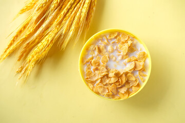 slow motion of pouring milk in corn flakes on yellow background 