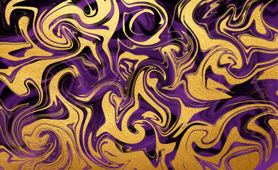 Dark violet, purple and gold rectangle marble texture with liquid watercolor stains, chaotic golden foil swirls, twists. Swirling pattern hand drawn decoration, painted artistic text background.