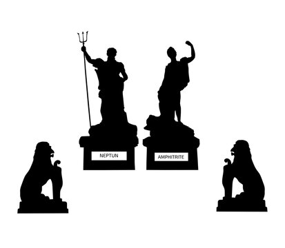 Silhouette of mythological gods statues and lions in Lviv Ukraine
