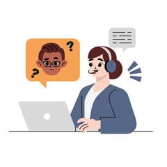 Fototapeta na wymiar A woman in headphones with a microphone at the computer. Office work. Online customer service. Helping clients. Illustration for call center, support, hotline, telemarketing. Vector in flat style.