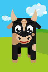 Geometric stylized bull in cartoon colorful valley