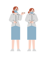 Women in face masks. Female characters different professions. Vector cartoon set of girls in office suit, seller uniform, professional worker, happy lady and woman greeting