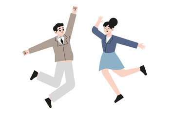 A set of a woman and a man who expresses joy and determination while pushing up their fists and jumping.  Flat style vector illustration