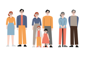 Portrait of big happy family with children, mother, father, grandfather and grandmother isolated on white background. Parents, grandparents and grandchildren. Colored flat vector illustration