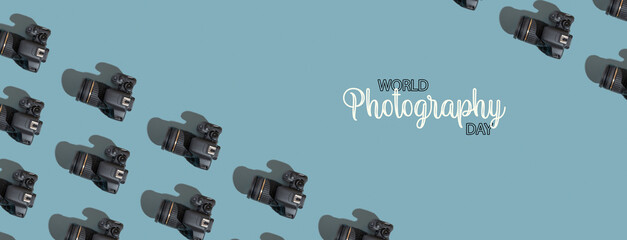 World Photography Day text and camera on colored background. banner format