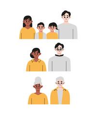 Family set, collection, bundle. Portraits of afro american and caucasian families with minor children. Happy multiethnic, multicultural family. Flat style vector illustration
