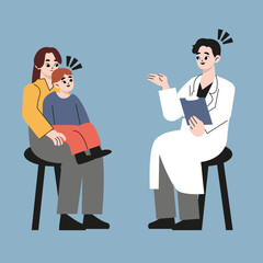 At the reception at the pediatrician. The doctor talking to mother and kid who sits in on her mother's lap. Flat style vector illustration