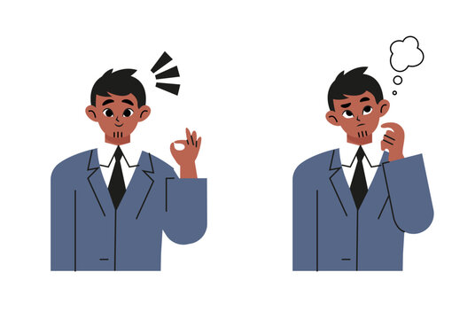 Happy positive person with good emotions. Grateful, thankful, blissful, delighted, dreamy, interested and emotionless indifferent men set. Flat vector illustration isolated on white background