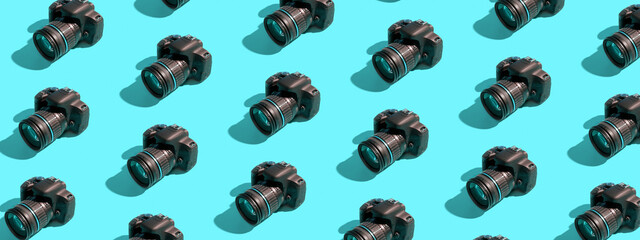 Banner with pattern from many cameras on a colored background. World Photography Day concept