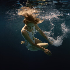A woman in a white swimsuit underwater as if in weightlessness 