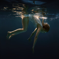 Fototapeta na wymiar A woman in a white swimsuit underwater as if in weightlessness 