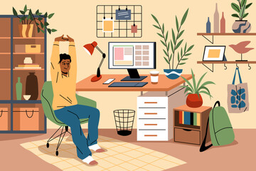 Workplace physical exercises. Guy stretches while sitting at table, wellness warmup, freelancer in room, body relax, fitness and relaxing. Tidy vector cartoon flat style isolated concept
