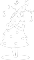 Coloring page with a singing deer dressed as a Christmas tree