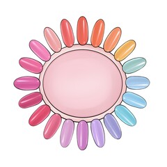 Circular color palette of nail extensions and manicure polish, isolated on a white background. Logo for designers, masters, stores, beauty salons, typography, business cards, websites, brochures.