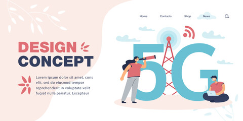 Tiny male and female characters with huge 5G symbol. Woman with spyglass and man with laptop, radio tower flat vector illustration. Internet, technology, connection concept for banner, website design