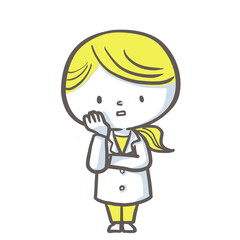 頬に手を当てて考える薬剤師　黄色バージョン