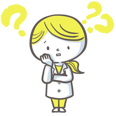 困った顔で？が浮かぶ薬剤師　黄色バージョン