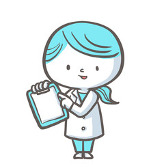 バインダーを指差し説明する薬剤師　青バージョン