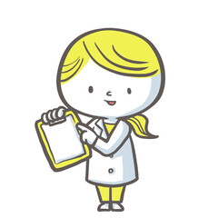 バインダーを指差し説明する薬剤師　黄色バージョン