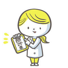 問診票を指差し説明する薬剤師　黄色バージョン