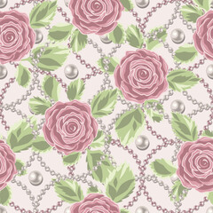 Seamless pattern with pale pink vintage roses, leaves, pearl strings, pearls beads, overlapping circles on white background. Vector delicate illustration. Wedding, romantic decoration.
