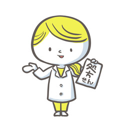 処方箋を片手に説明する薬剤師　黄色バージョン