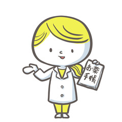 お薬手帳を片手に説明する薬剤師　黄色バージョン