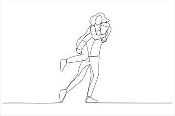 Illustration of happy Asian groom gives a bride piggyback ride. One line style art