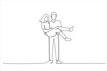 Drawing of young groom carrying a bride in his hands. Single continuous line art