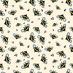 seamless pattern doodle bee, bumblebee and notes on yellow background