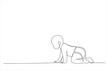 Drawing of side view of pretty crawling baby. Single continuous line art