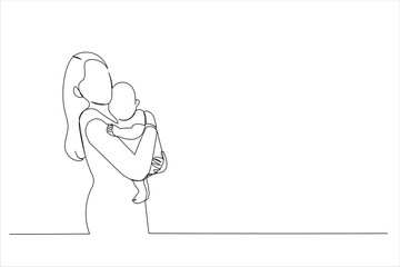 Drawing of happy mother with her baby. Single line art style
