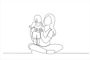 Cartoon of Mother and her child baby girl playing in the summer day. Single continuous line art style