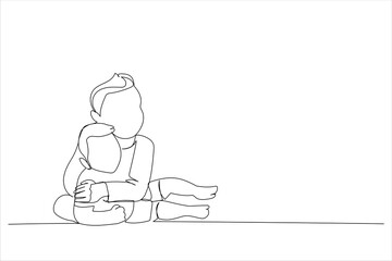 Cartoon of baby and his brother on bed. Single continuous line art style
