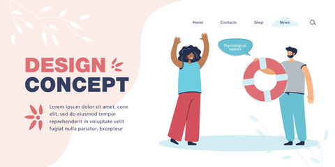 Woman getting psychological support from friend with life ring. Man helping woman cope with problems, stress. Mental health, depression concept for banner, website design or landing web page