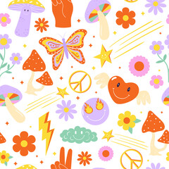 Seamless vector pattern with colorful groovy elements. 70s, 80s, 90s vibes funky background. Retro texture for wallpaper, wrapping paper, textile and other designs