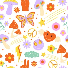 Tafelkleed Seamless vector pattern with colorful groovy elements. 70s, 80s, 90s vibes funky background. Retro texture for wallpaper, wrapping paper, textile and other designs © Olga